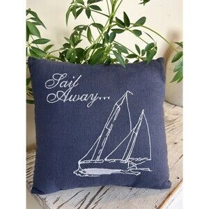 Vintage Navy Blue Nautical ‘Sail Away’ Throw Pillow / Beach Ocean Boat Lake 9”